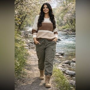 Warehouse ONE Chunky Colorblock Stripe Sweater - Cream, Tan & Brown size XL.